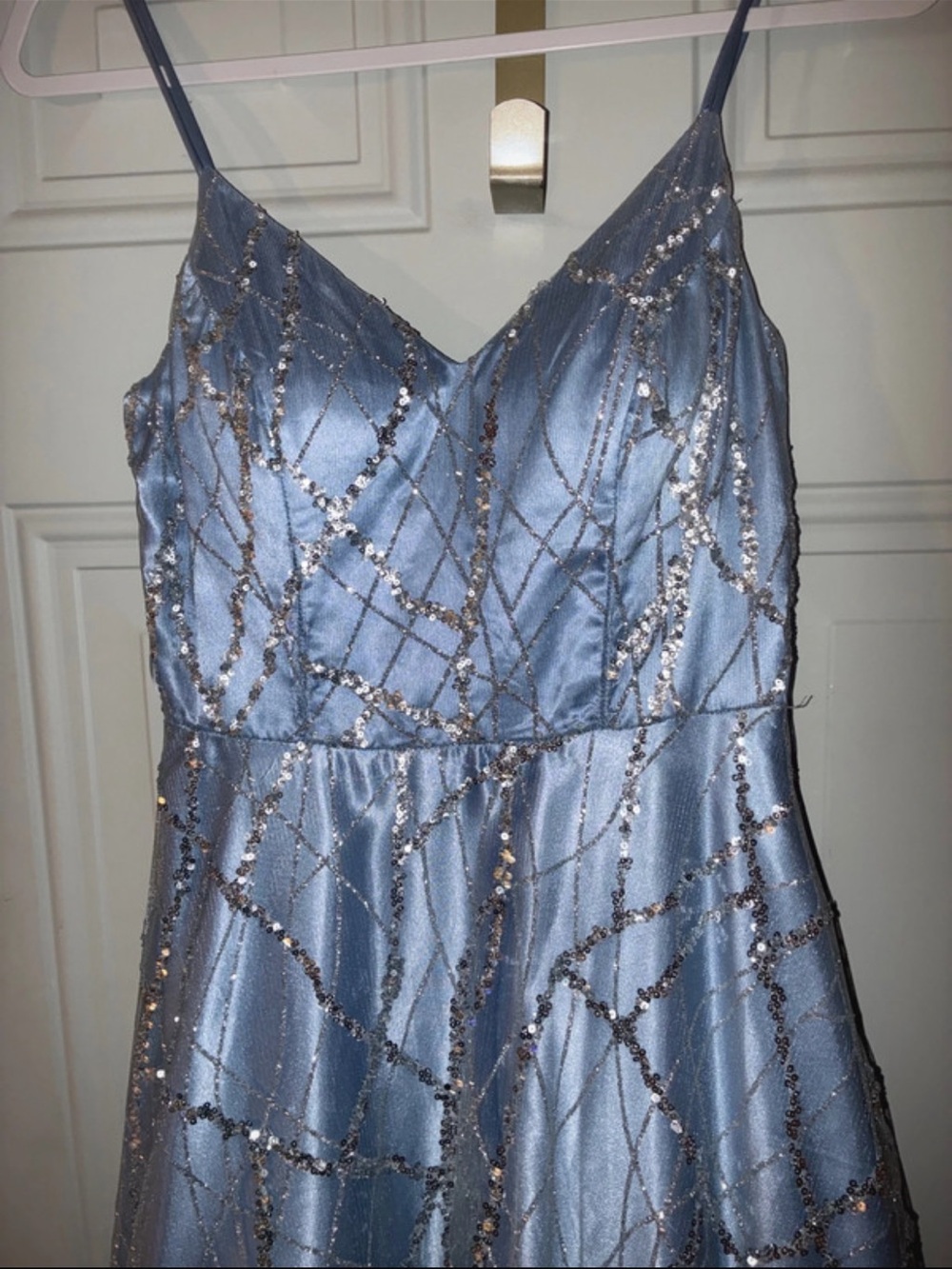 Blue Sequin Spaghetti Strap Prom Dress